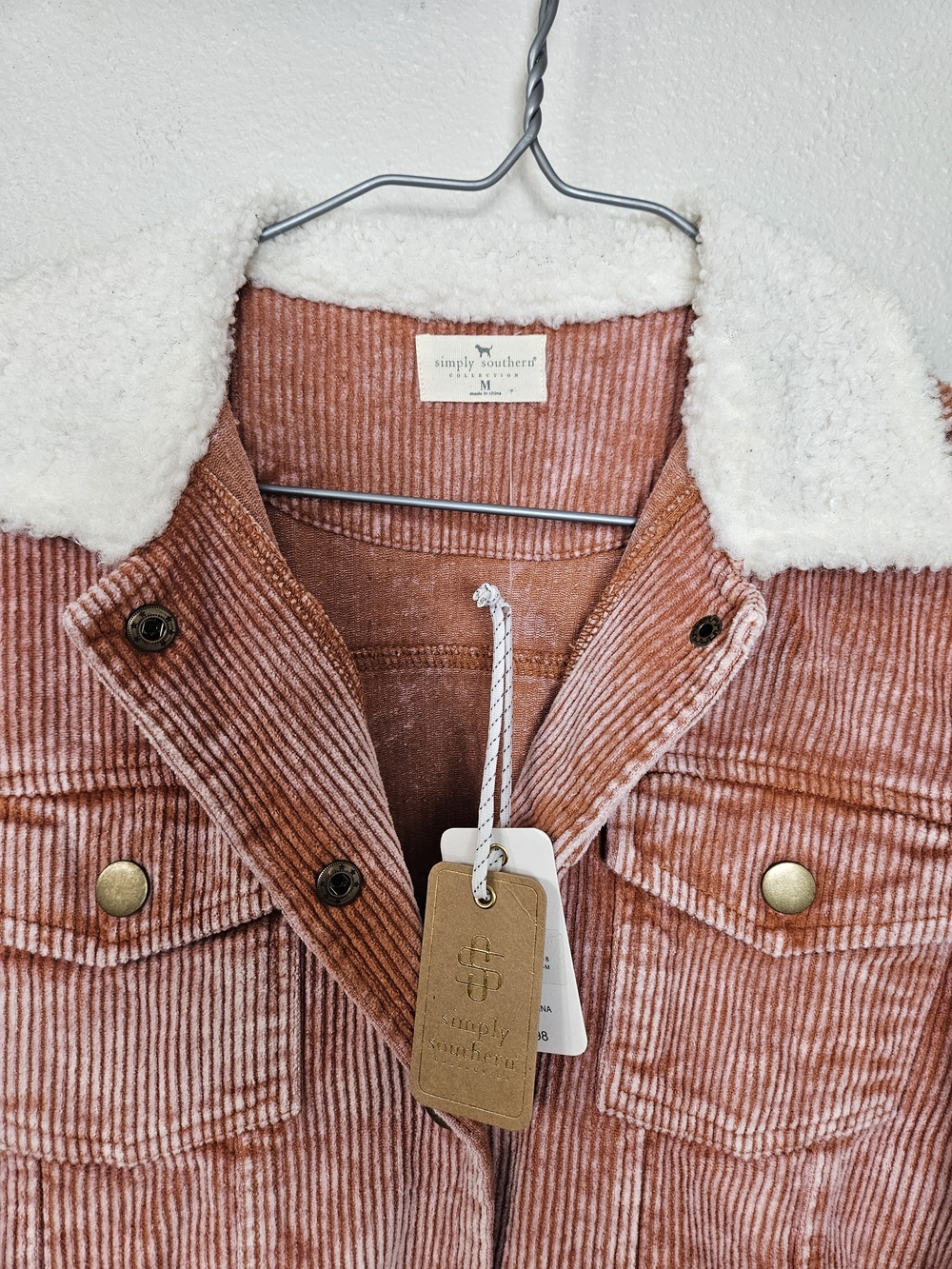 Simply Southern Dusty Rose Corduroy Jacket with White Sherpa Collar Size Medium - Picture 2 of 5